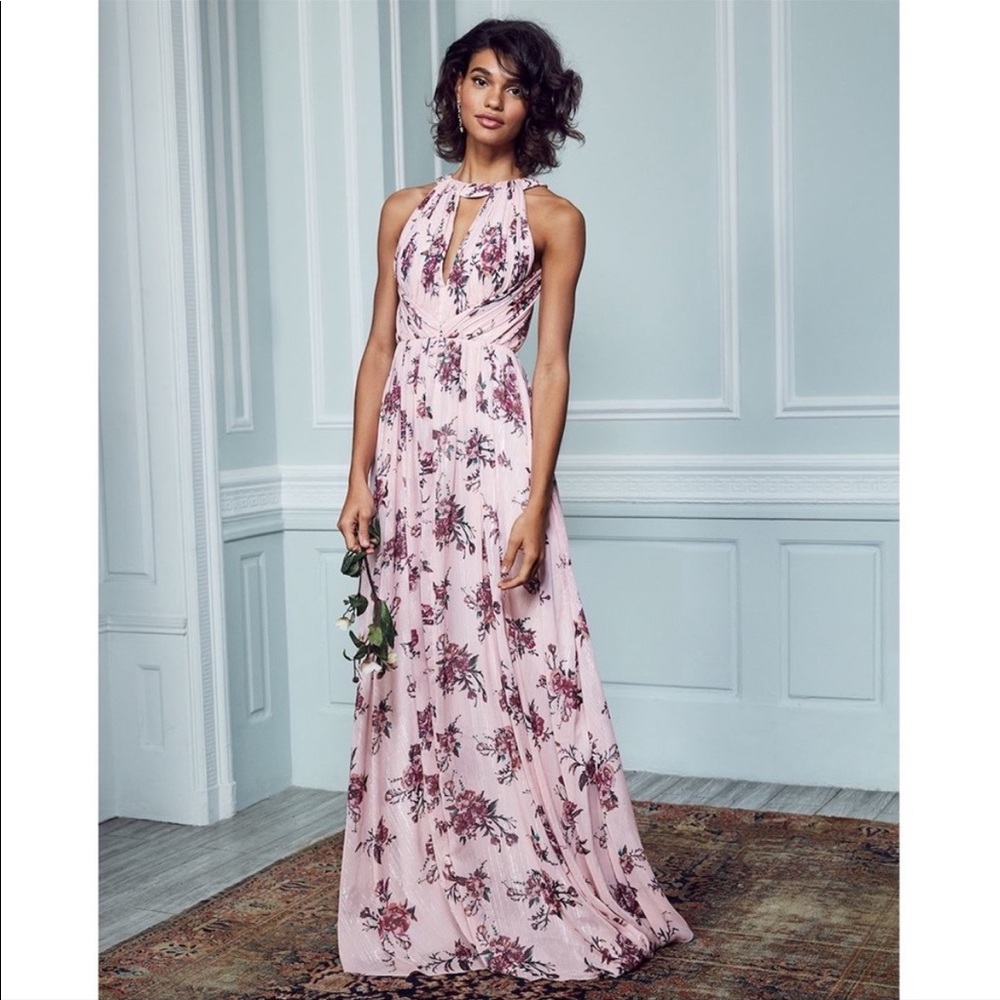Marchesa Notte Carrara Floral Printed Halter Lurex Chiffon Bridesmaid Maxi Dress - Picture 1 of 7